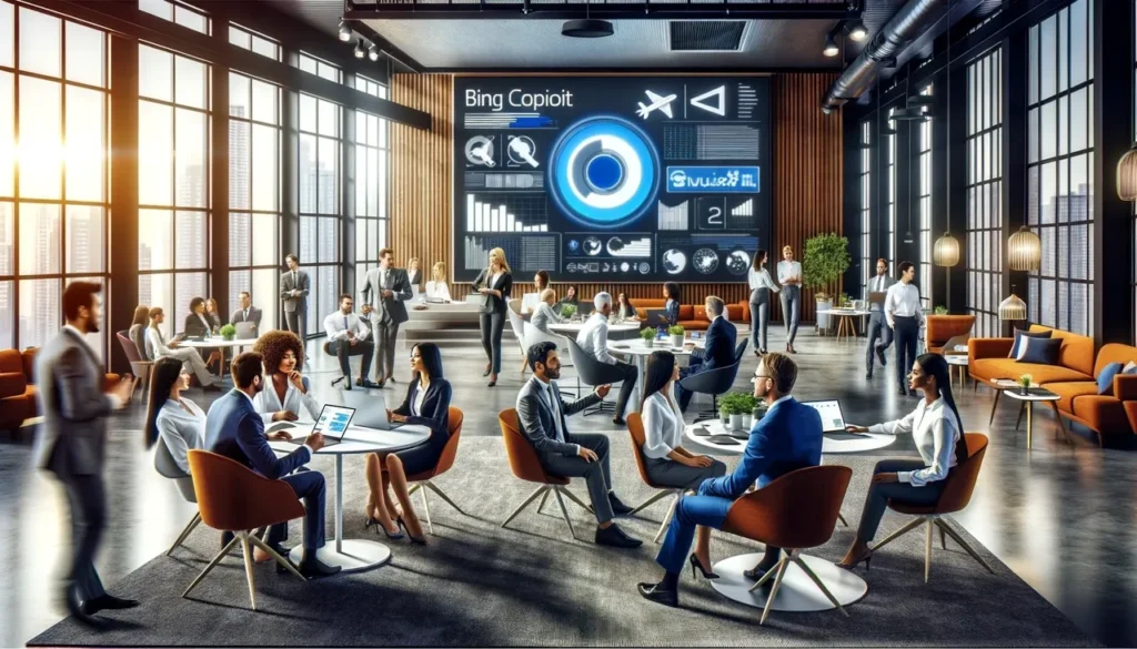 A group of people sitting around tables in front of a large screen.