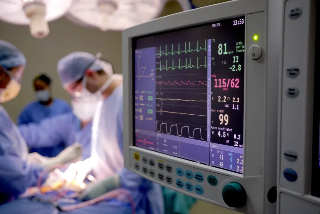 A monitor showing an ecg and heart rate