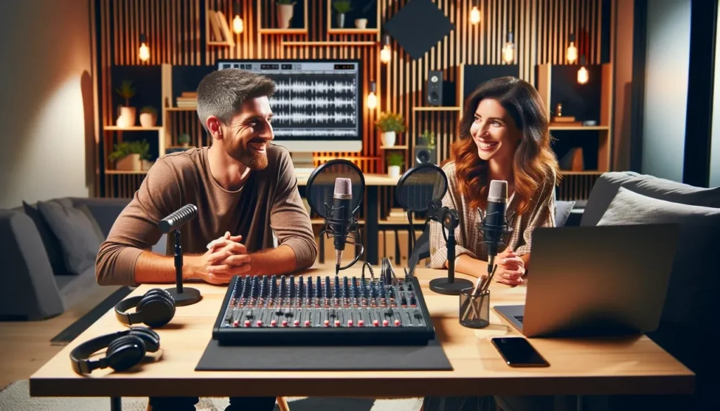 Two people sitting at a table with microphones.